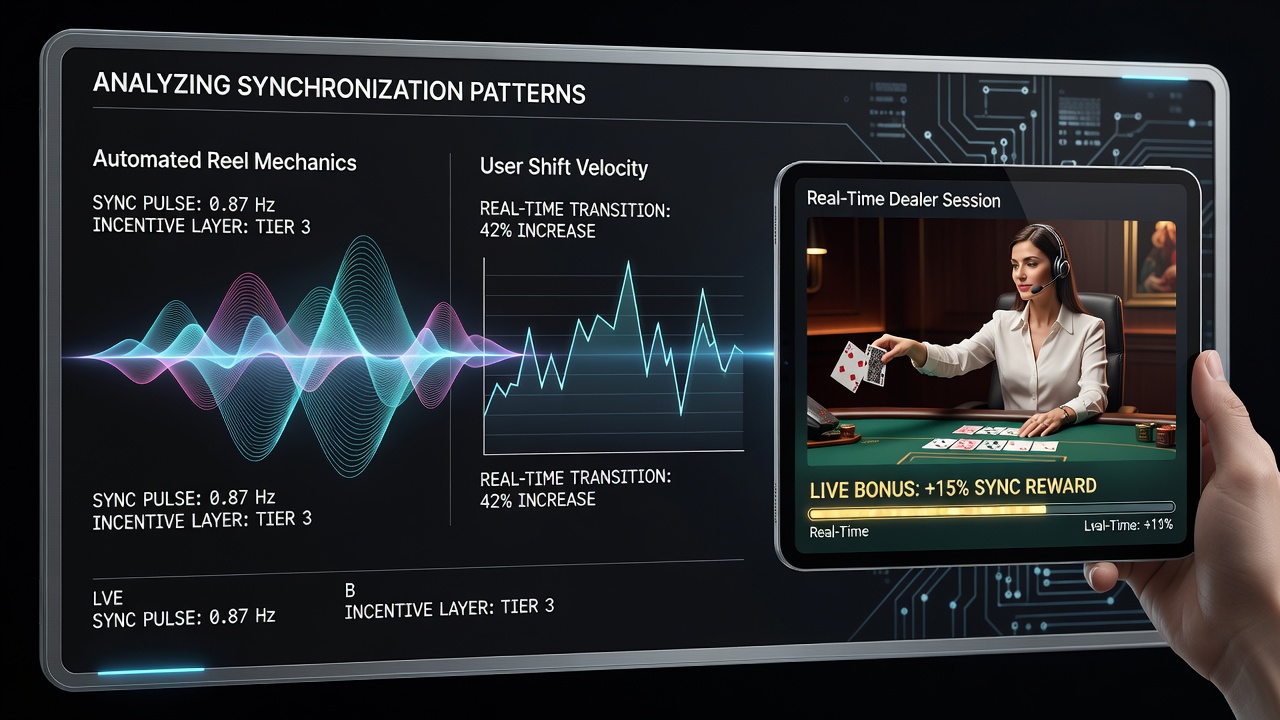 Mobile screen displaying synchronized bonus indicators between slot reels and live dealer interface on a handheld device