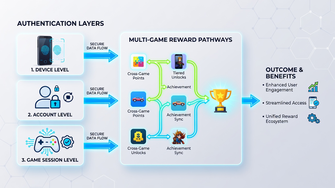 Illustration of reward pathways connecting multiple mobile casino games through secure authentication