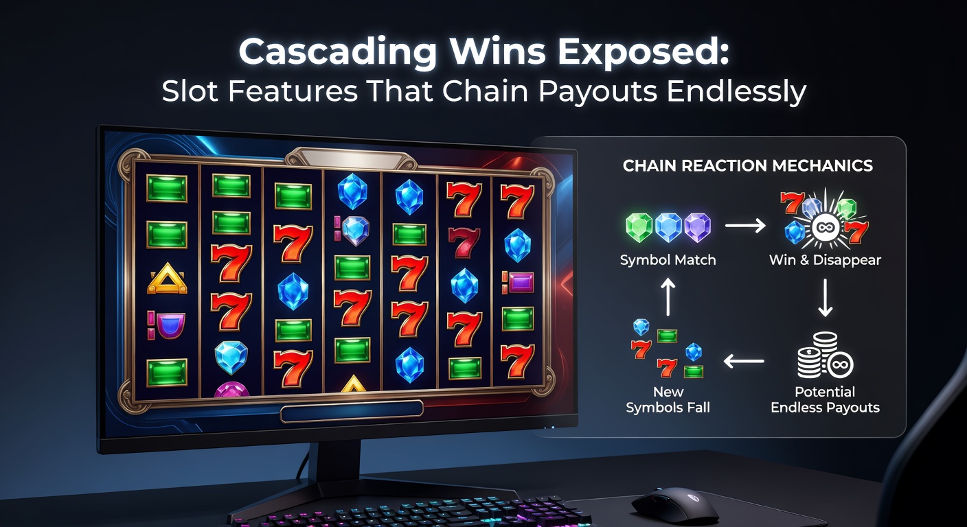 Close-up of a slot screen during a massive cascade sequence, multipliers glowing as payouts chain across the reels