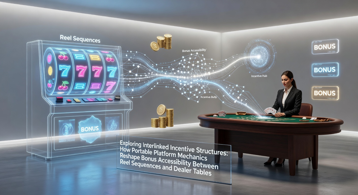 Portable casino platform interface showing connected slot reels and live dealer table with shared bonus indicators