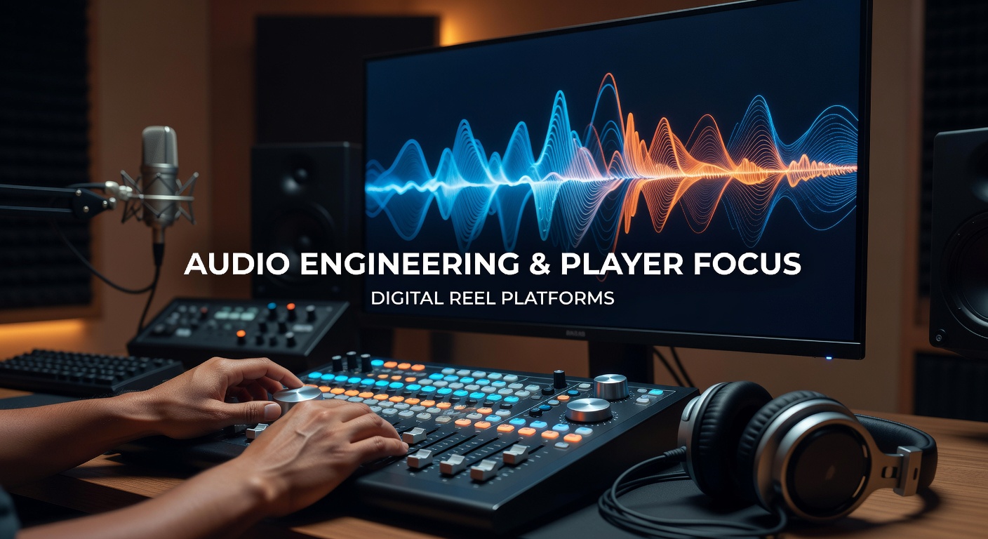 Audio waveform visualization overlaid on digital slot reels showing frequency patterns and player engagement metrics
