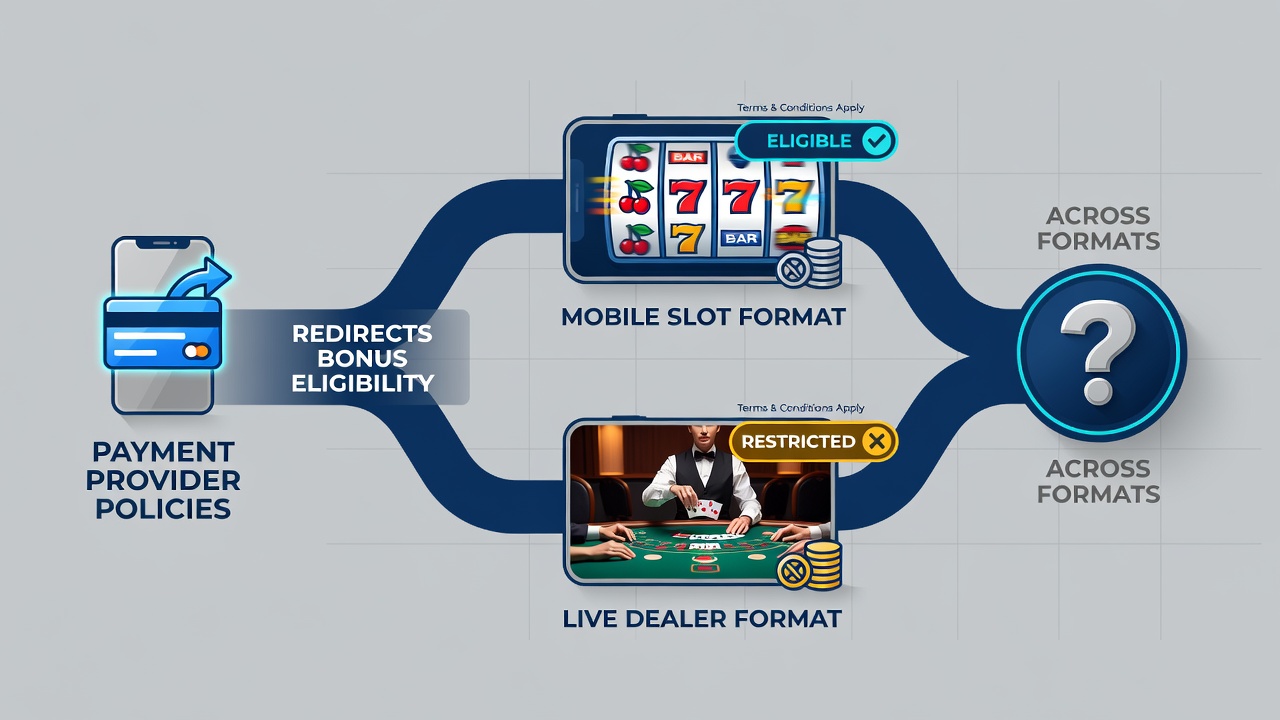 Mobile screen showing payment selection screen with bonus terms for slots adn live dealer games side by side