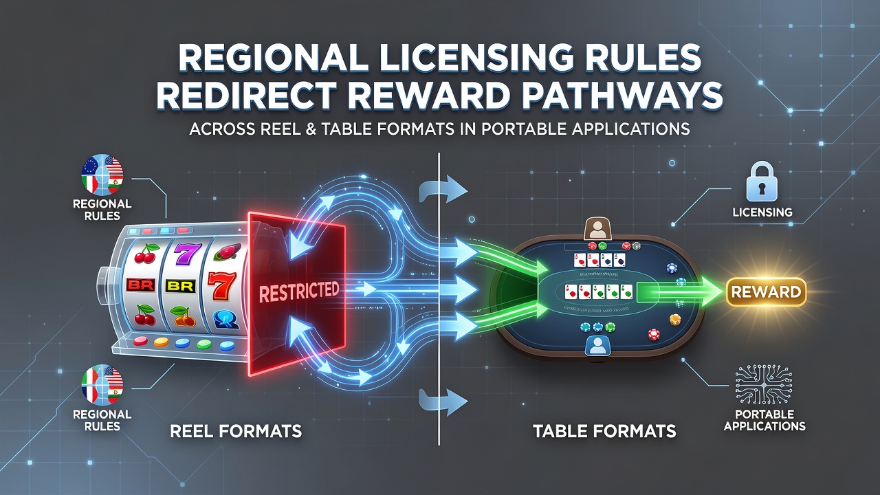 Regional licensing frameworks illustrated across mobile casino interfaces showing reel and table game sections