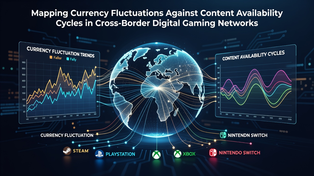 Digital network visualization showing currency symbols overlaid on global gaming servers and content distribution pathways