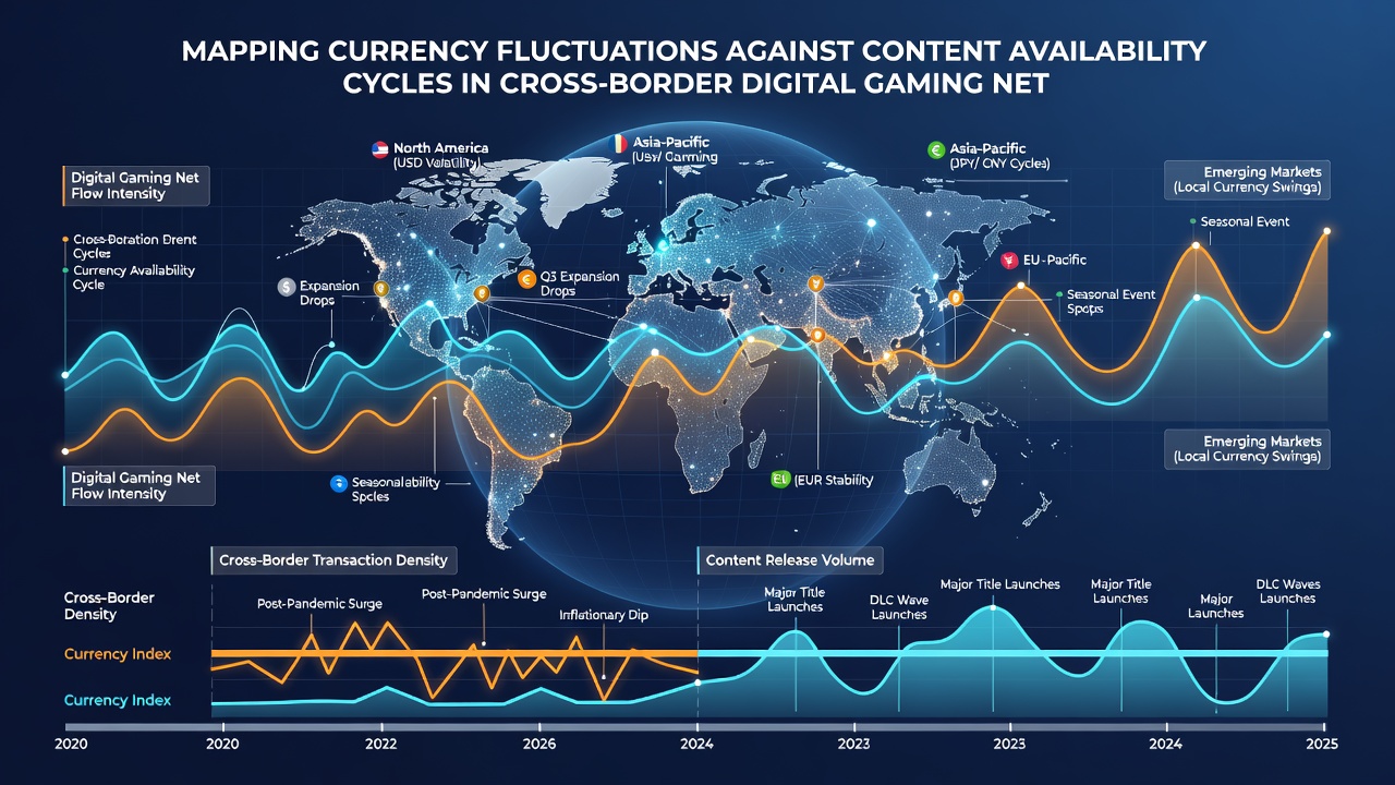 Charts and graphs illustrating currency exchange trends aligned with gaming content release timelines across multiple regions