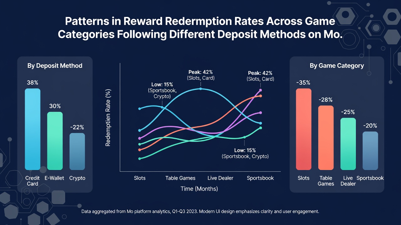 Analytics dashboard on a smartphone screen illustrating redemption rate graphs segmented by deposit method and game type