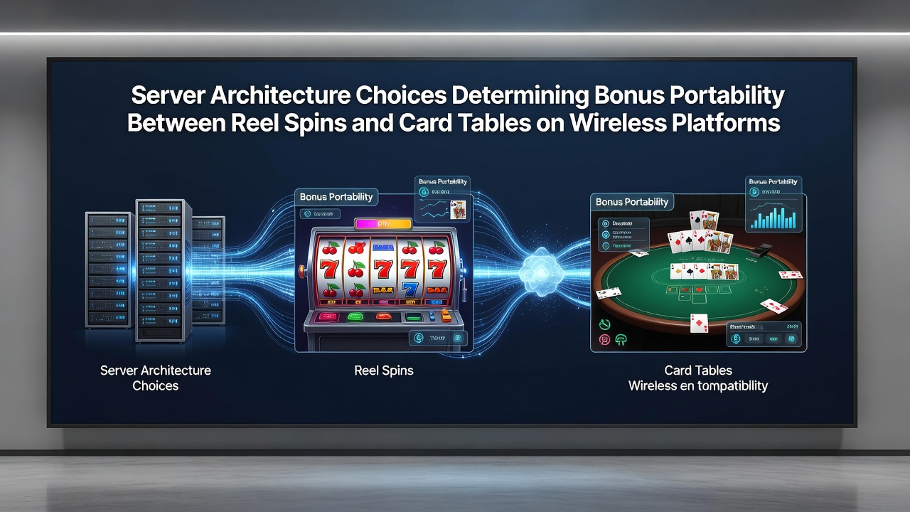 Diagram illustrating server architecture components linking mobile slot reels and live card table sessions through unified bonus systems