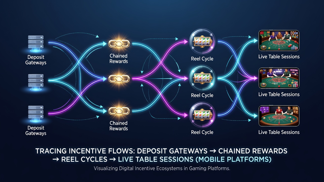 Mobile casino interface showing deposit options leading into slot reels and live dealer tables with bonus indicators